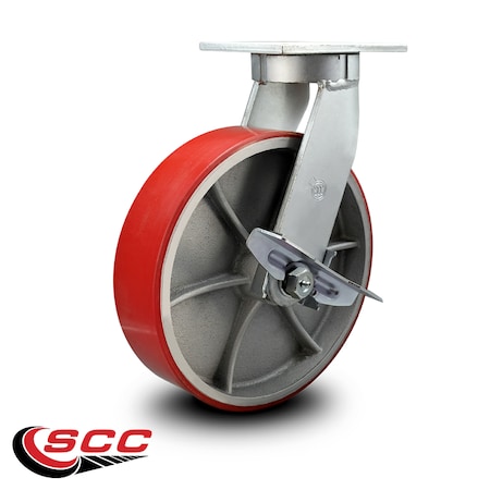 Service Caster 12 Inch Extra Heavy Duty Red Poly on Cast Iron Wheel Swivel Caster with Brake SCC-KP92S1230-PUR-RS-SLB